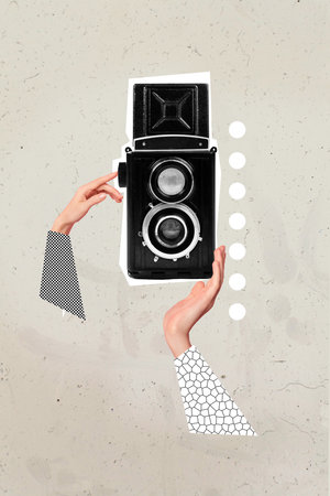 Collage photo of video camera vintage gadget snapshot make shot recording filming new sightseeing...