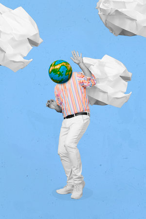Creative photo 3d collage artwork poster picture of afraid person arm cover face flying paper ball...