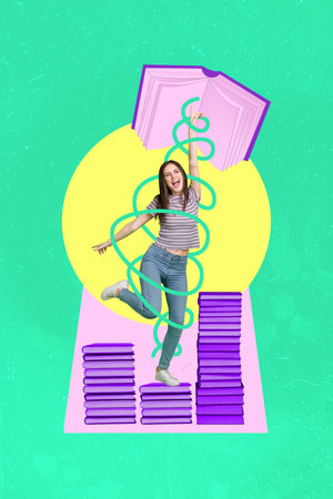 Vertical collage image of excited overjoyed mini girl pile stack opened big book isolated on painted...
