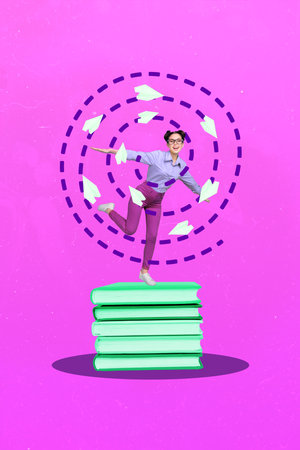 Vertical collage portrait of excited cheerful girl stand big pile stack book flying paper planes isolated on purple backgroundの写真素材
