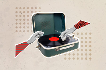 Collage photo of old vintage gramophone music player recorder vinyl disk nostalgia from 60s listen...