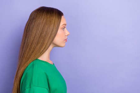 Close up profile side photo of intelligent confident lady nice hairdo look empty space banner ad...