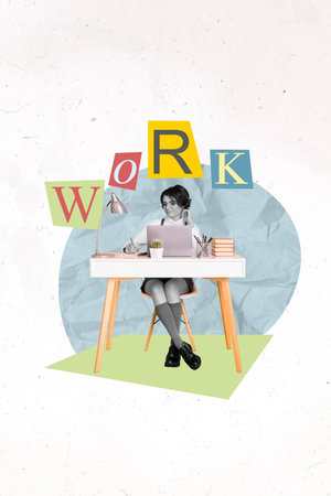 Collage 3d image of pinup pop retro sketch busy lady hiring new workers isolated painting backgroundの写真素材