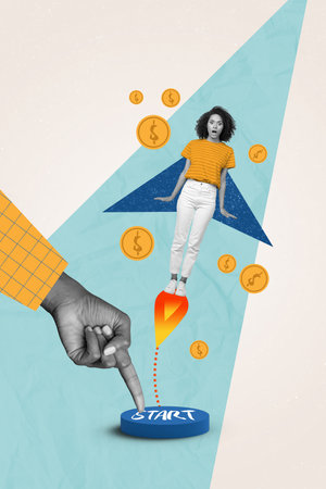 Vertical collage image of arm finger press start button launch mini black white effect girl flying jetpack money coins isolated on drawing backgroundの写真素材