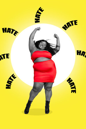 Creative photo 3d collage artwork postcard poster picture of crazy girl hate organic healthy food rejoice such choice isolated on painting backgroundの写真素材