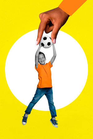 Creative photo 3d collage artwork postcard poster picture of happy small boy catch ball enjoy free time isolated on painting backgroundの写真素材