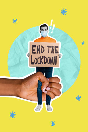 Creative photo 3d collage artwork postcard poster of young man hold card require end the lockdown isolated on painting backgroundの写真素材