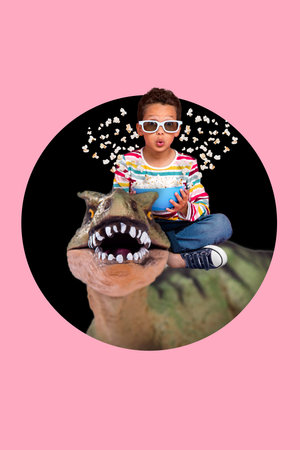 Creative photo 3d collage artwork postcard poster of funny boy watch horror film relax rest spend...