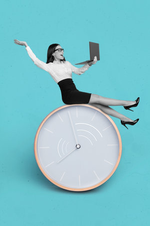 Vertical collage image of excited black white colors mini girl sitting huge wall watch use netbook...