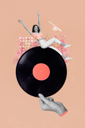 Creative photo 3d collage artwork postcard poster picture of funky crazy lady sit disc enjoy cool...