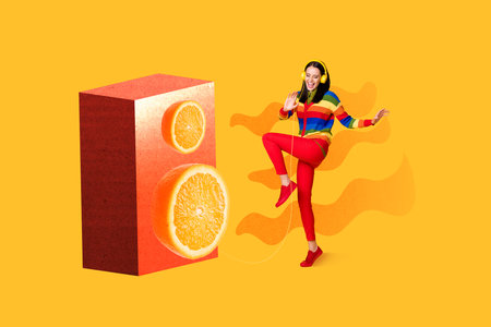 Creative photo 3d collage artwork postcard poster picture of funky girl have fun enjoy music nightclub isolated on painting backgroundの写真素材