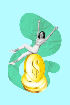 Vertical collage of excited black white gamma mini girl sit pile stack big money coins isolated on creative backgroundの写真素材