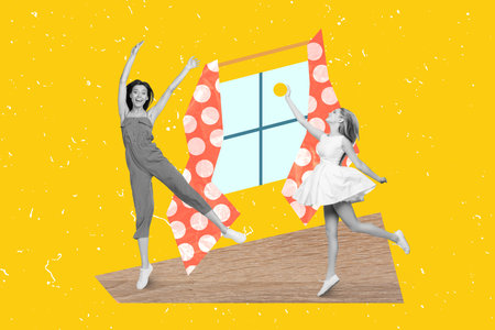 Creative collage image of two black white gamma people jumping hand catch ball painted window house interior isolated on yellow backgroundの写真素材