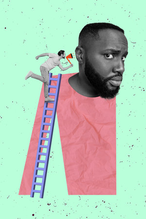 Vertical collage illustration of little man black white colors climb ladder scream loudspeaker huge ear isolated on drawing backgroundの写真素材