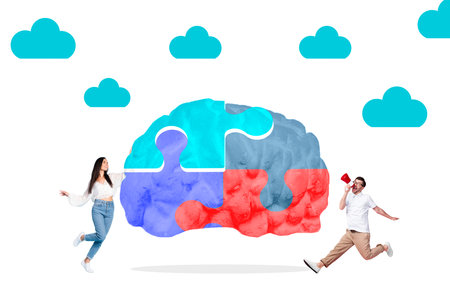 Composite collage image of two people connect puzzle pieces brain speak say loudspeaker drawing...