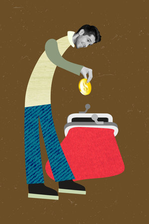 Creative 3d photo collage artwork graphics painting of happy smiling guy collecting money purse isolated drawing backgroundの写真素材