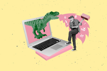 Creative collage picture of mini black white gamma grandfather hold hammer fight netbook display dinosaur isolated on painted backgroundの写真素材