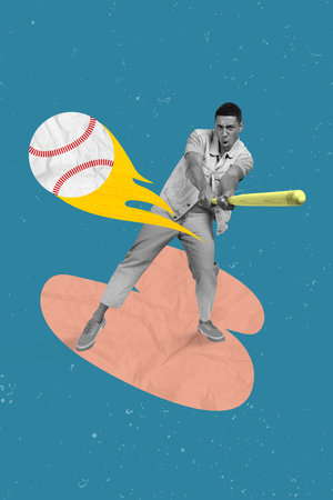 Vertical collage picture of black white effect guy hold baseball bat shoot ball flame fire isolated...