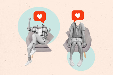 Collage photo of young couple lady with her boyfriend headless like notification love story sitting chair isolated on white color backgroundの写真素材