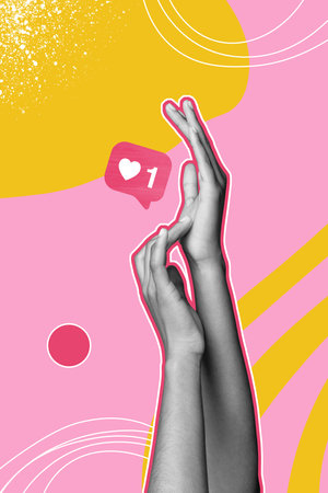 Creative poster collage of woman female hands arms gentle touch heart love icon social media...
