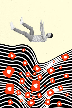 Creative retro 3d magazine collage image of funny funky guy jumping down feedback river isolated painting backgroundの写真素材