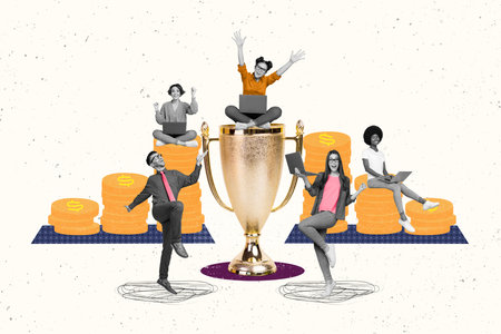 Creative collage of excited successful people black white effect celebrate victory cup pile stack money coins isolated on drawing backgroundの写真素材
