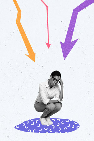 3d retro abstract creative collage artwork template of depressed stressed guy lady sitting puddle...