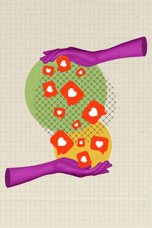 Collage 3d image of pinup pop retro sketch of hands holding heart likes feedbacks isolated painting...