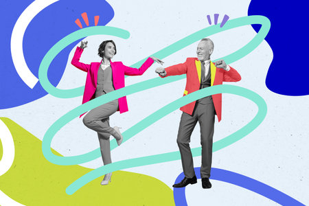 Creative abstract collage template graphics image of carefree guy lady dancing together isolated drawing backgroundの写真素材