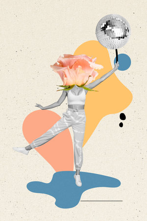 Vertical collage picture of black white gamma girl jumping rose flower instead head hand hold disco ball isolated on drawing backgroundの写真素材