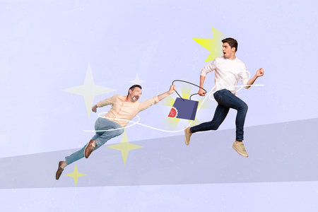 Creative abstract template graphics image of funny senior guy tacking away shopper another man...