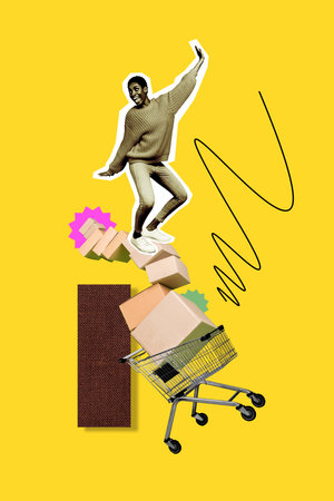 Creative photo 3d collage artwork poster postcard of happy person after shopping stand high falling down isolated on painting backgroundの写真素材