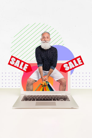 Photo artwork minimal picture of funny funky guy holding bargains inside device screen isolated drawing backgroundの写真素材