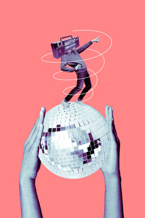Artwork magazine picture of funny funky guy boom box instead of head dancing having fun huge big ball isolated drawing backgroundの写真素材