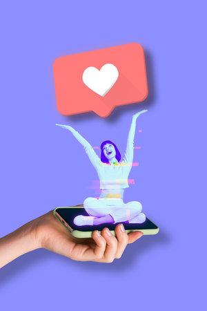 Creative photo 3d collage artwork poster postcard of young girl sitting telephone menu rejoice...