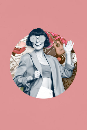 Creative photo 3d collage artwork poster postcard of positive lady inside circle waving arm hi greetings isolated on painting backgroundの写真素材