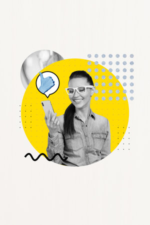Creative photo 3d collage artwork poster of young business girl businesswoman blogger chatting followers isolated on painting backgroundの写真素材
