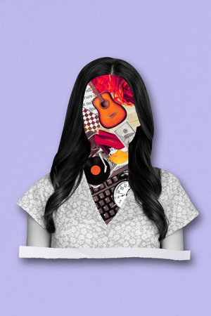 Creative photo 3d collage artwork poster postcard of strange person without face consist many things isolated on painting backgroundの写真素材
