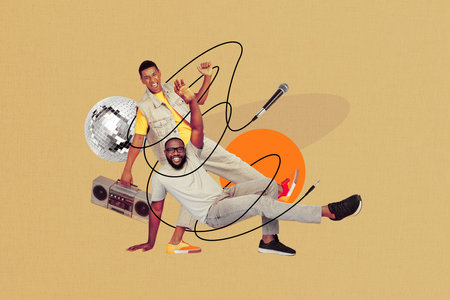 Collage 3d image of pinup pop retro sketch of happy smiling guys having fun together isolated...