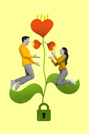 Collage photo of young jumping together people girlfriend boyfriend on green growing leaves flora lock their love isolated over beige backgroundの写真素材