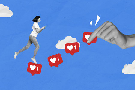 3d retro creative collage artwork of smiling happy lady walking