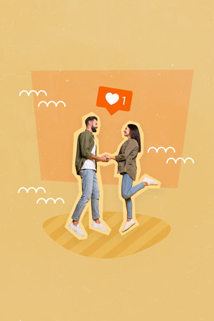 Artwork magazine collage picture of sweet happy smiling couple celebrating 14 february isolated drawing backgroundの写真素材