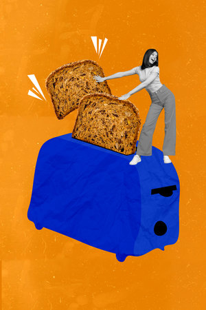 Vertical creative photo collage illustration of nice girlish black white woman making breakfast...