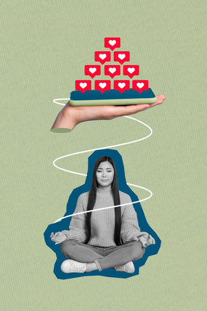 Photo collage cartoon comics sketch picture of lady practicing yoga arm holding modern device getting feedbacks isolated drawing backgroundの写真素材