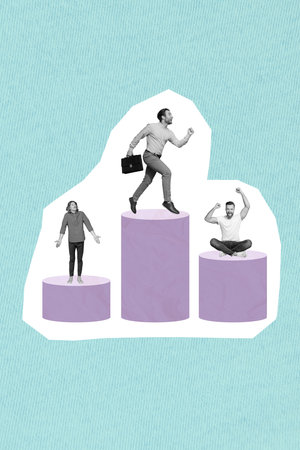 Vertical collage image of three black white colors people competition podium different places isolated on creative backgroundの写真素材