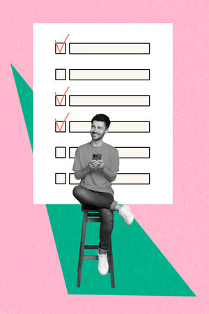 Composite collage of young successful entrepreneur man sit chair use smartphone planner online reminder management isolated on drawing backgroundの写真素材