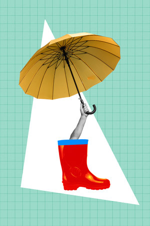Creative photo collage of pair rubber gumshoes abstract creative hand hold water protective yellow umbrella isolated on plaid blue color backgroundの写真素材