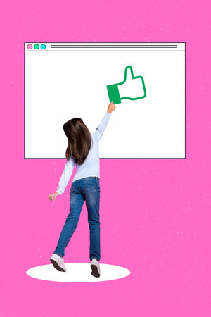 Creative collage photo of young preteen schoolgirl try click button like empty space website new...