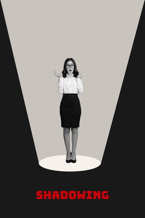 Creative photo 3d collage artwork poster picture of worried nervous lady afraid of public speaking isolated on painting backgroundの写真素材
