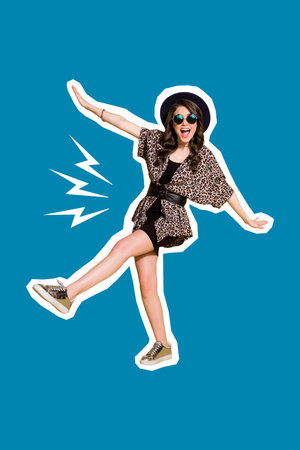 Artwork designed collage photo of young dancing overjoyed positive woman wear cool sunglasses menstruation isolated on blue color backgroundの写真素材